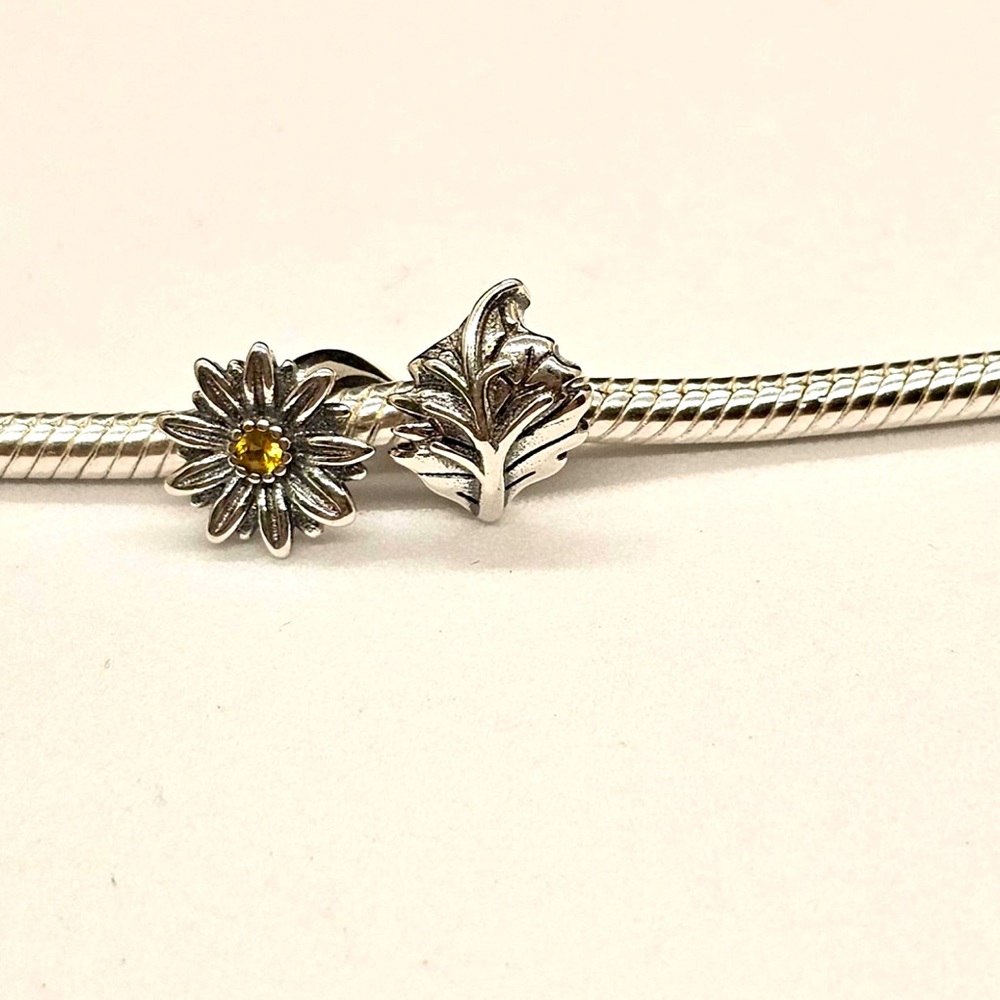 Sterling Silver Daisy & Leaf Charm with Yellow CZ Center